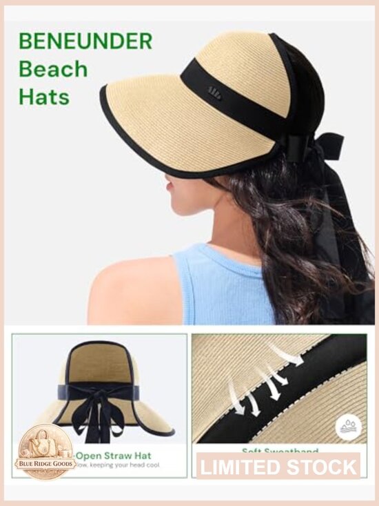 Foldable Wide Brim Straw Sun Visor UPF50+ Adjustable Ponytail Beach Hat Travel main image 6